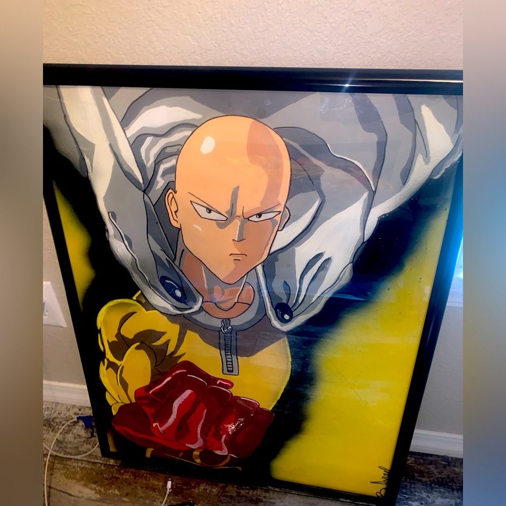 Selling hand painted \ spray painted anime art with the picture frame included .